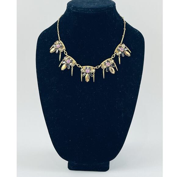 J. Crew Gold Tone Rhinestones Pink Spike Dangles Necklace Smoky Black White Flor - Picture 2 of 16